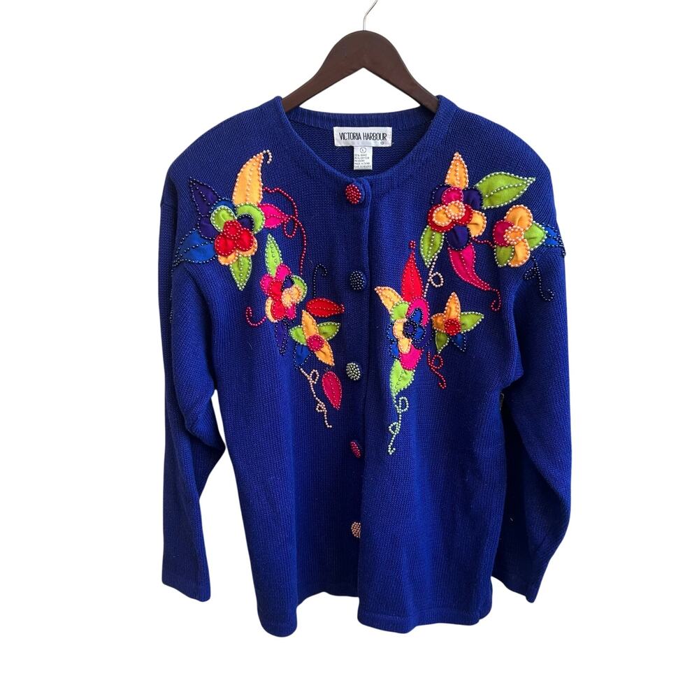 Vintage Embroidered Beaded Cardigan Flowers Size Womens L